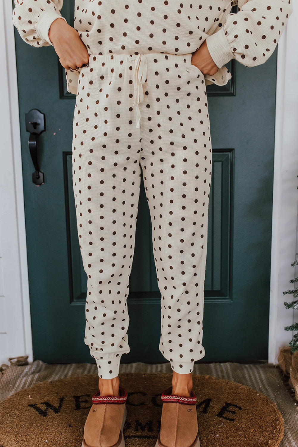 White Polka Dot Print Long Sleeve Top and Drawstring Bottoms Pyjamas eAura