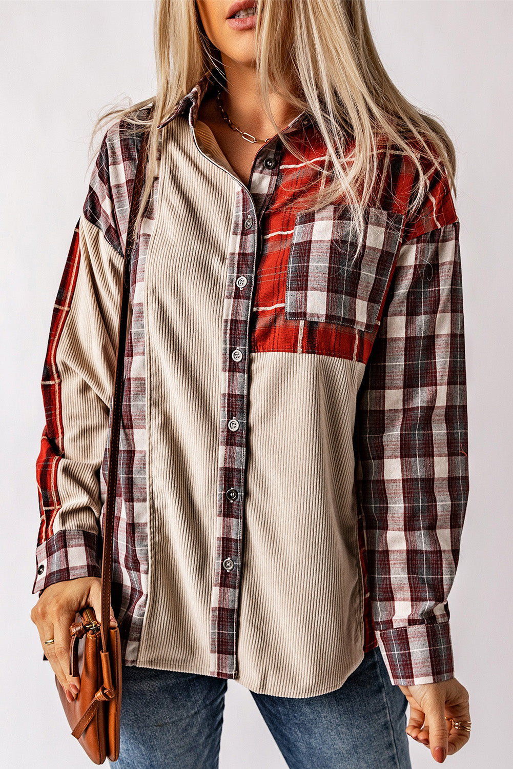 Plaid Corduroy Patchwork Shacket Beagle Boutique Fashion Outlet