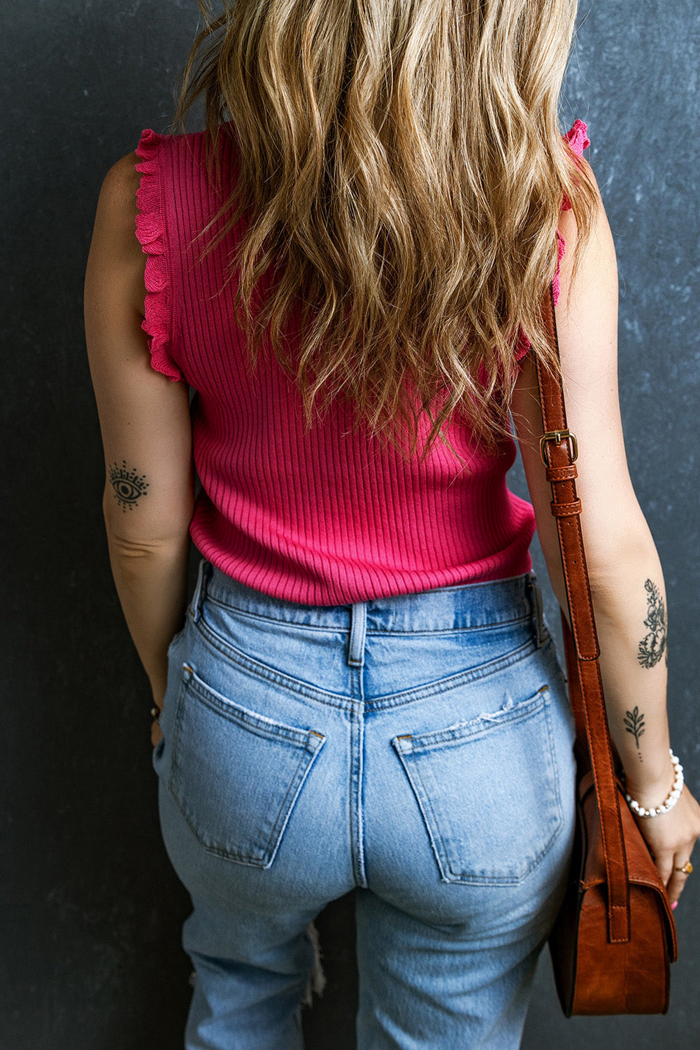 Bright Pink Ribbed Ruffled Sweater Tank eAura