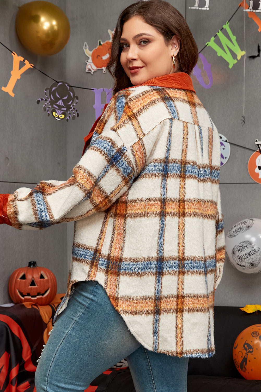 Brown Stripe Plus Size Plaid Print Collared Buttoned Jacket BB Fashion Outlet
