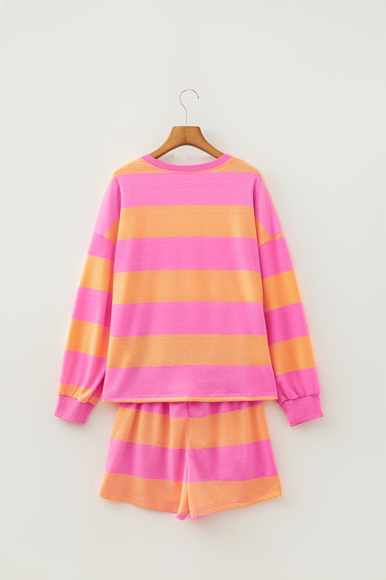 Long Sleeve Casual Top Drawstring Shorts 2pcs Set – Pink Stripe
