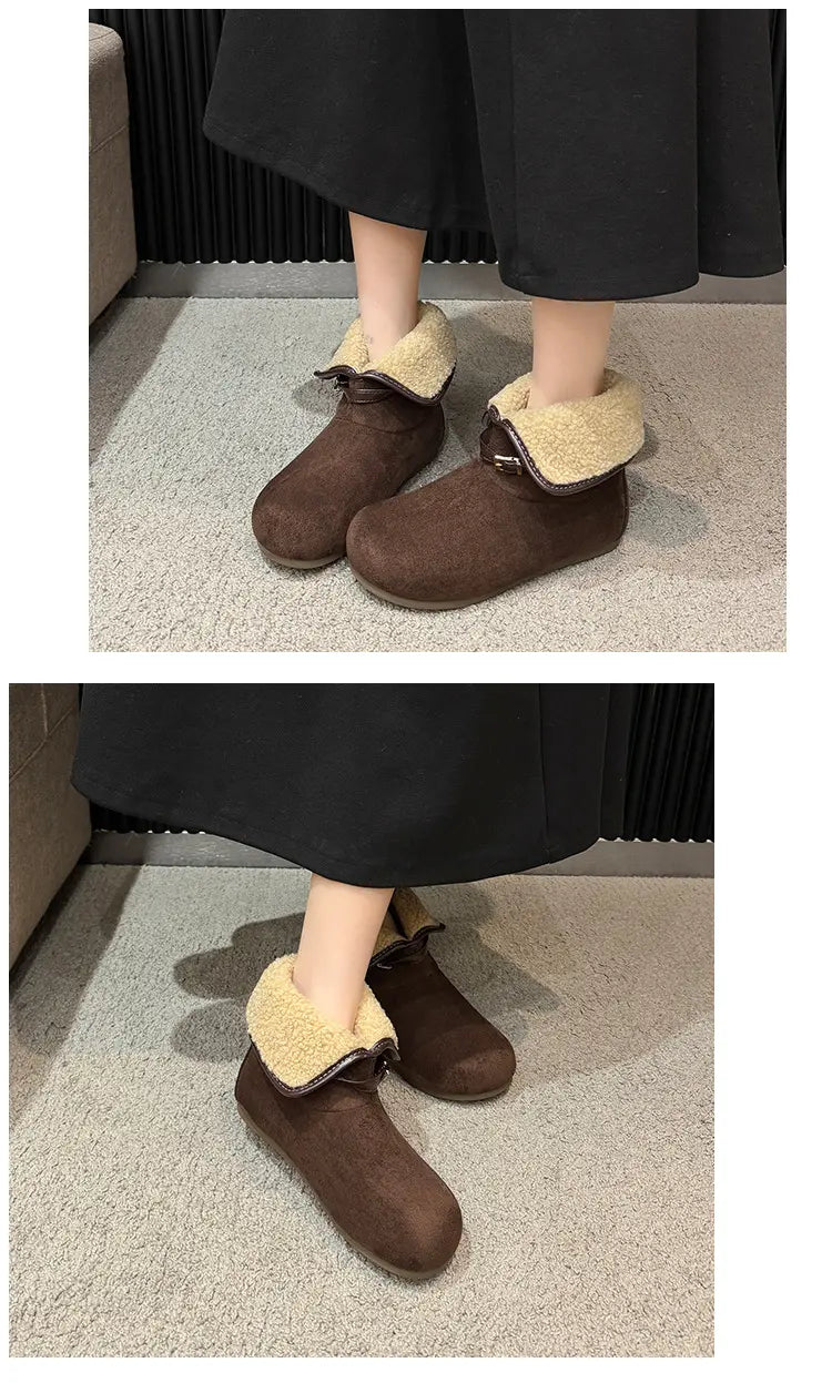 Brown boots with fluffy cuffs folded down