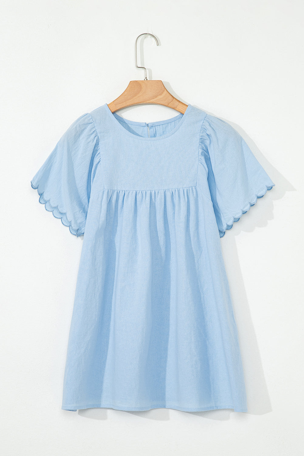 Beau Blue Solid Colour Embroidered Scalloped Sleeves Crew Neck Blouse eAura