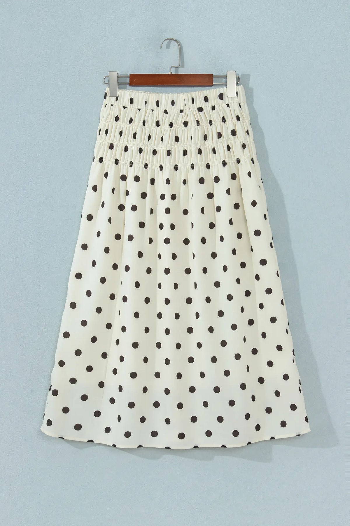 Smocked High Waist Long Skirt with Polka Dot Print