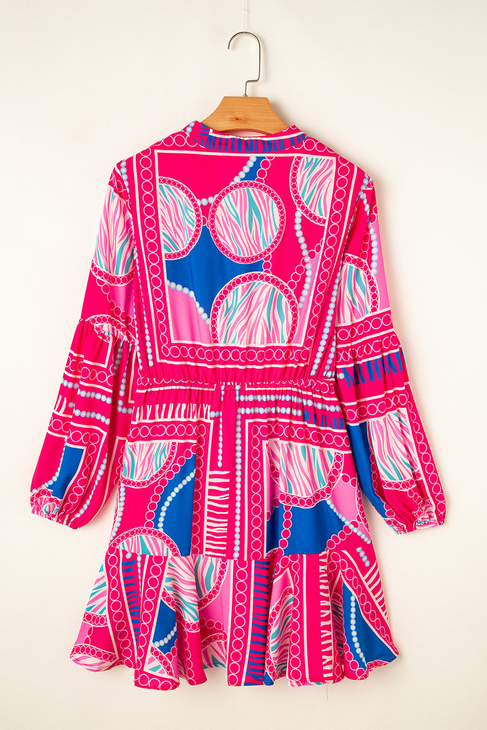 Rose Boho Abstract Printed Puff Sleeve Drawstring Waist Ruffled Mini Dress Beagle Boutique Fashion Outlet