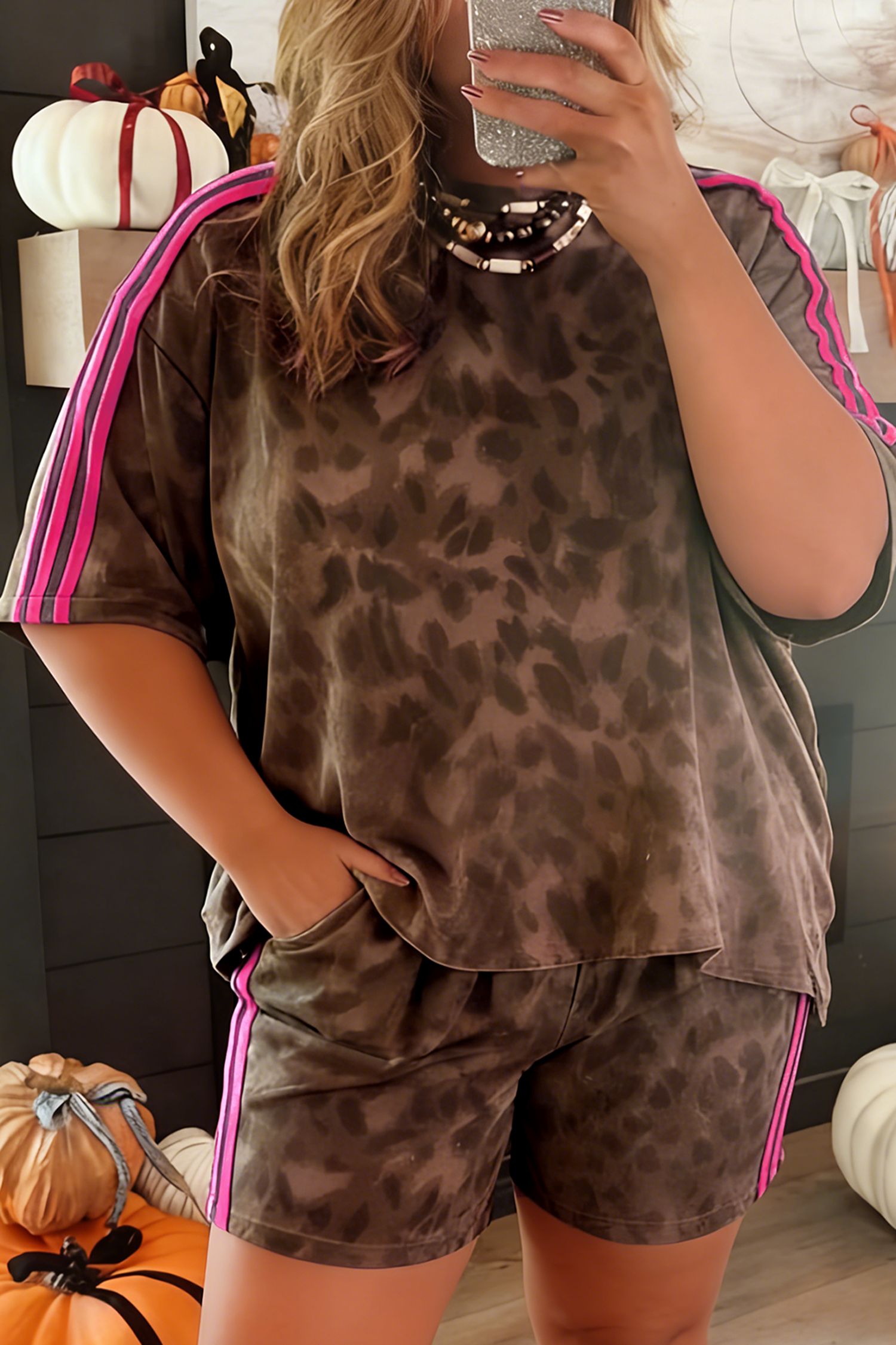 Plus Size Leopard Print Varsity Stripe 2-Piece Short Set – Brown