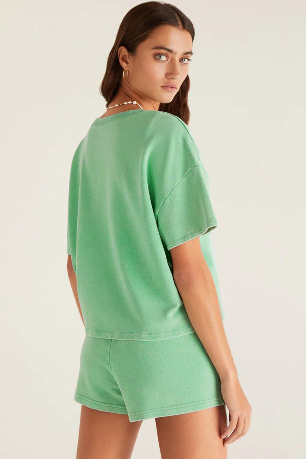 Mint Green V Neck Drop Shoulder Tee and Patchwork Drawstring Shorts Set eAura