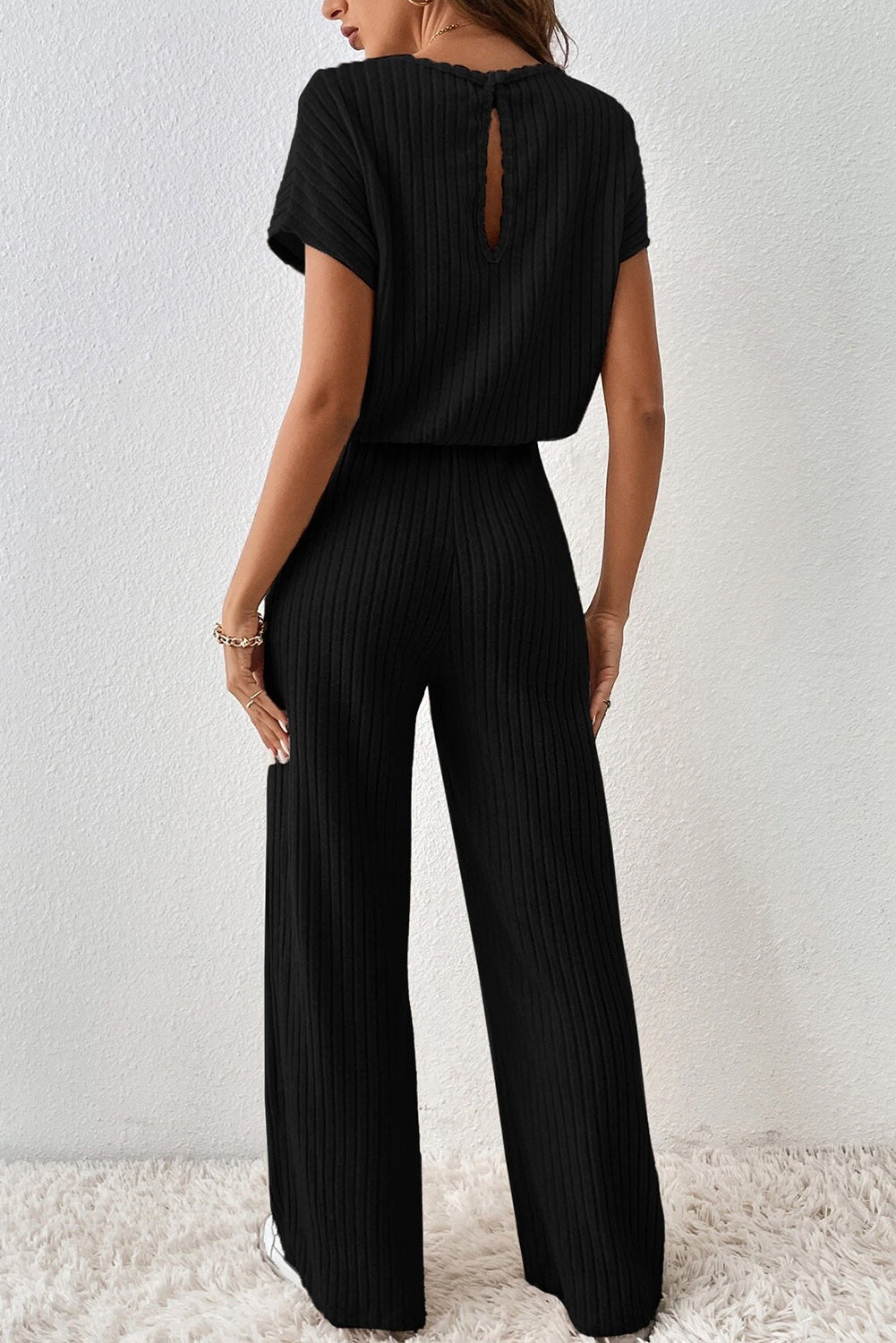 Black Solid Colour Ribbed Short Sleeve Wide Leg Jumpsuit eAura