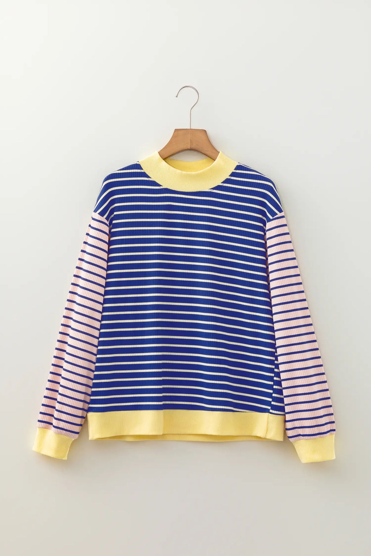 Contrast Long Sleeve Crew Neck Pullover Top – Blue Stripe