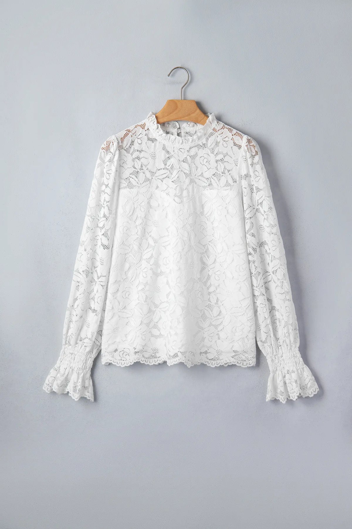 Ruffled Round Neck Long Flounce Sleeve Sheer Lace Blouse – White
