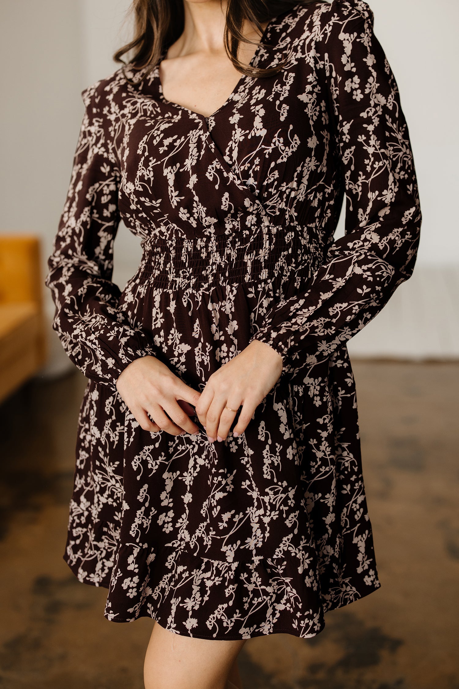 Ditsy Floral Print Split Neck Long Sleeve Shirred Waist Flared Mini Dress - Dresses/Mini Dresses