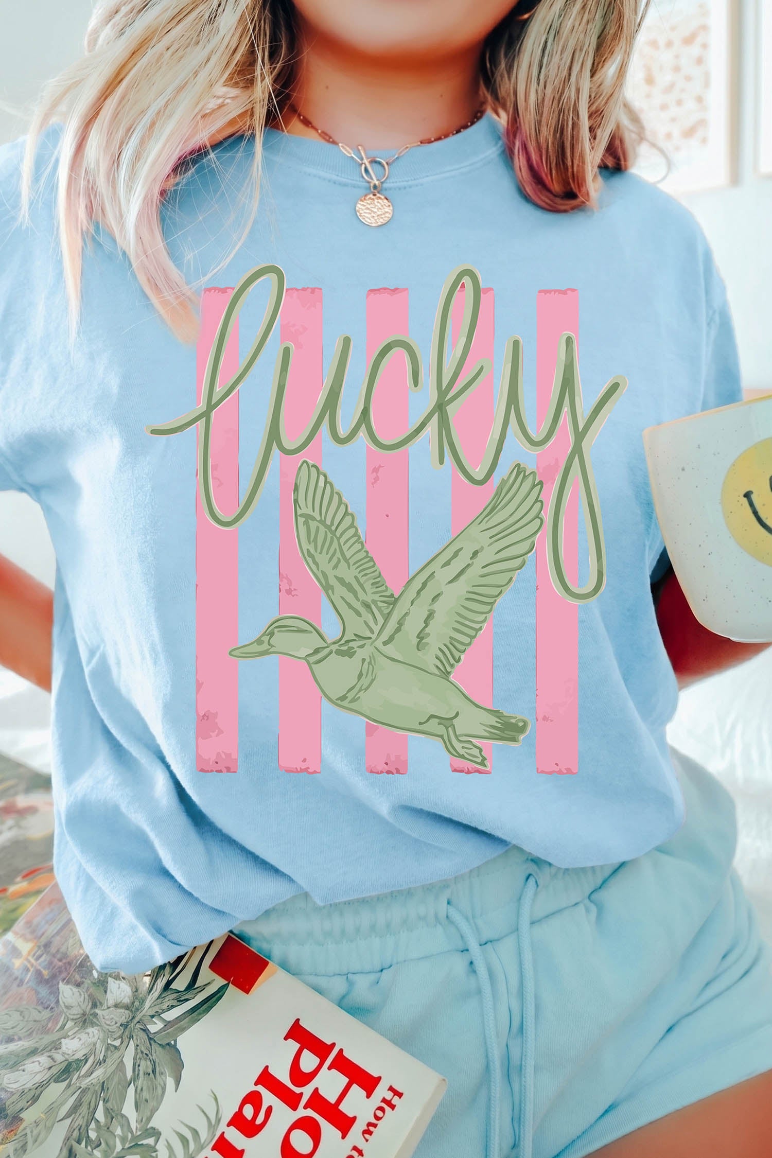 Lucky Duck Print Casual Round Neck T Shirt – Light Blue