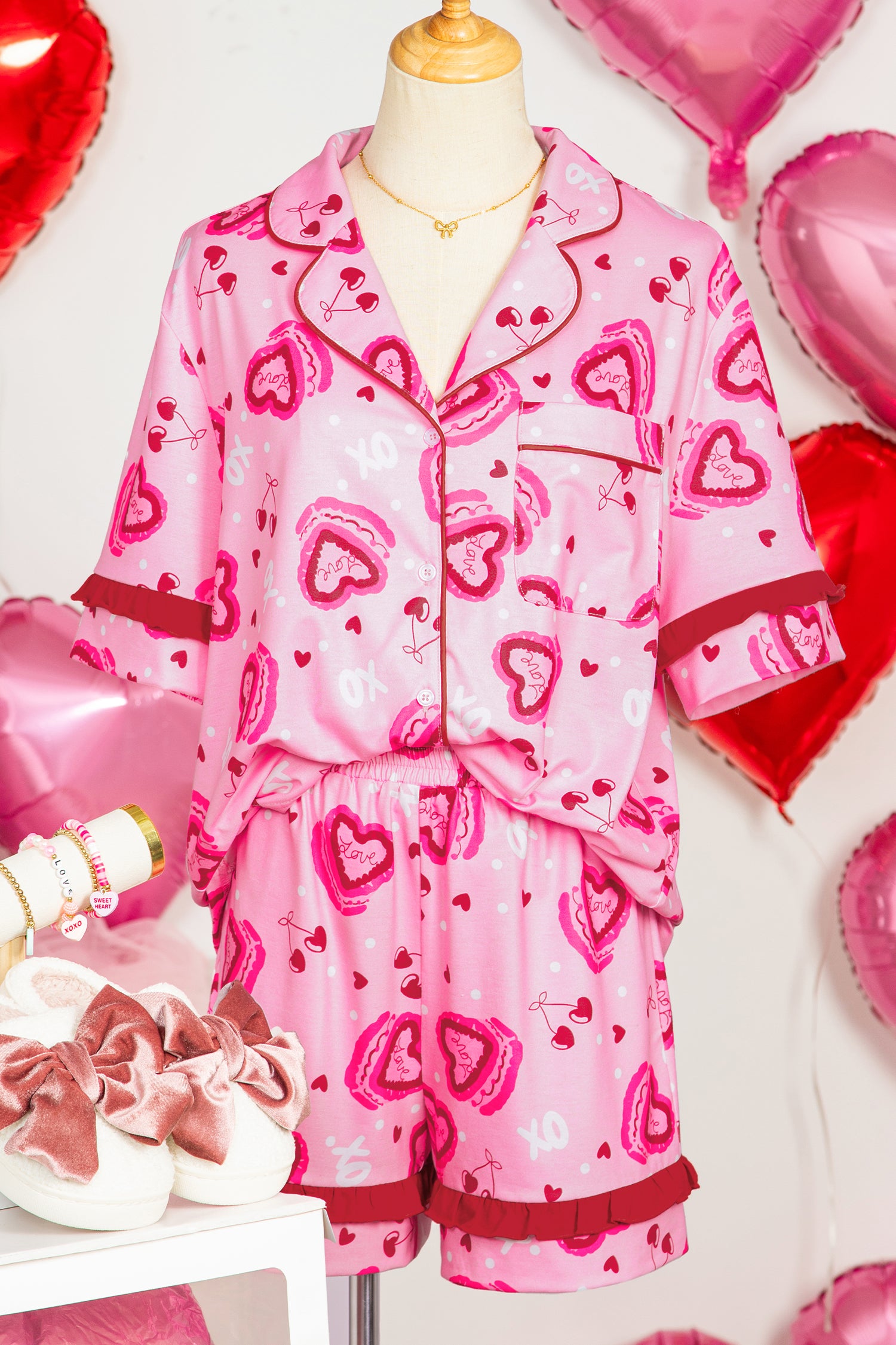 Sweet Heart Cake Print Contrast Ruffle Trim Valentines 2pcs Pajama Set – Pink