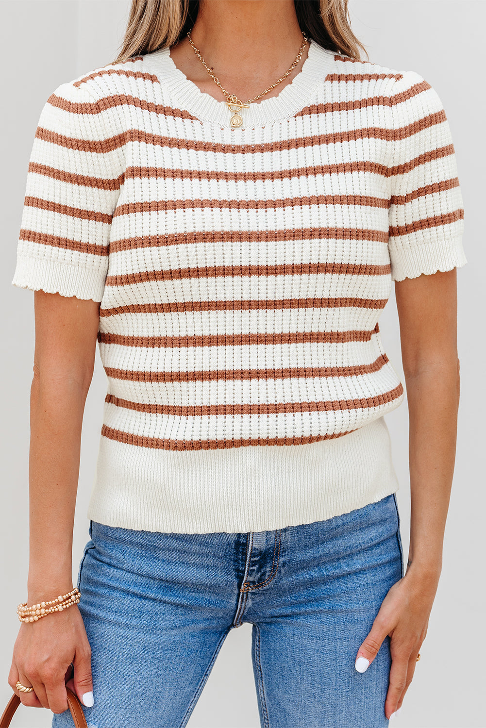 Khaki Stripe Scalloped Round Neck Short Sleeve Sweater eAura