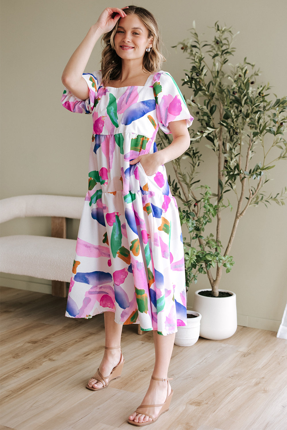 Purple Abstract Print Puff Sleeve Smocked Back Midi Dress BB Fashion Outlet