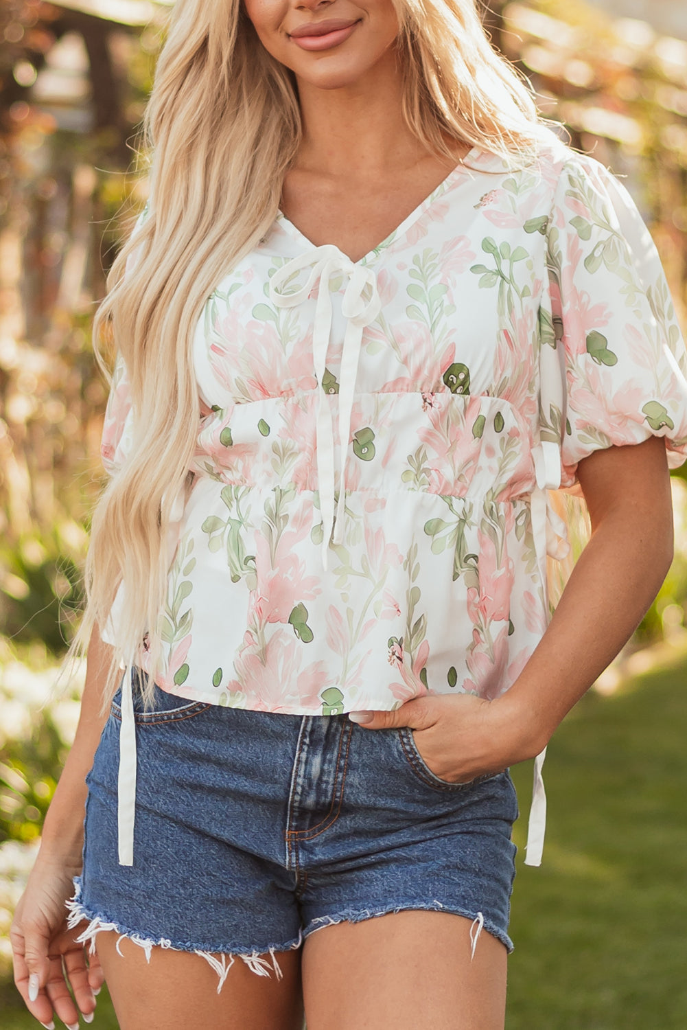 Pink Floral Puff Sleeve V Neck Tied Front Peplum Blouse eAura