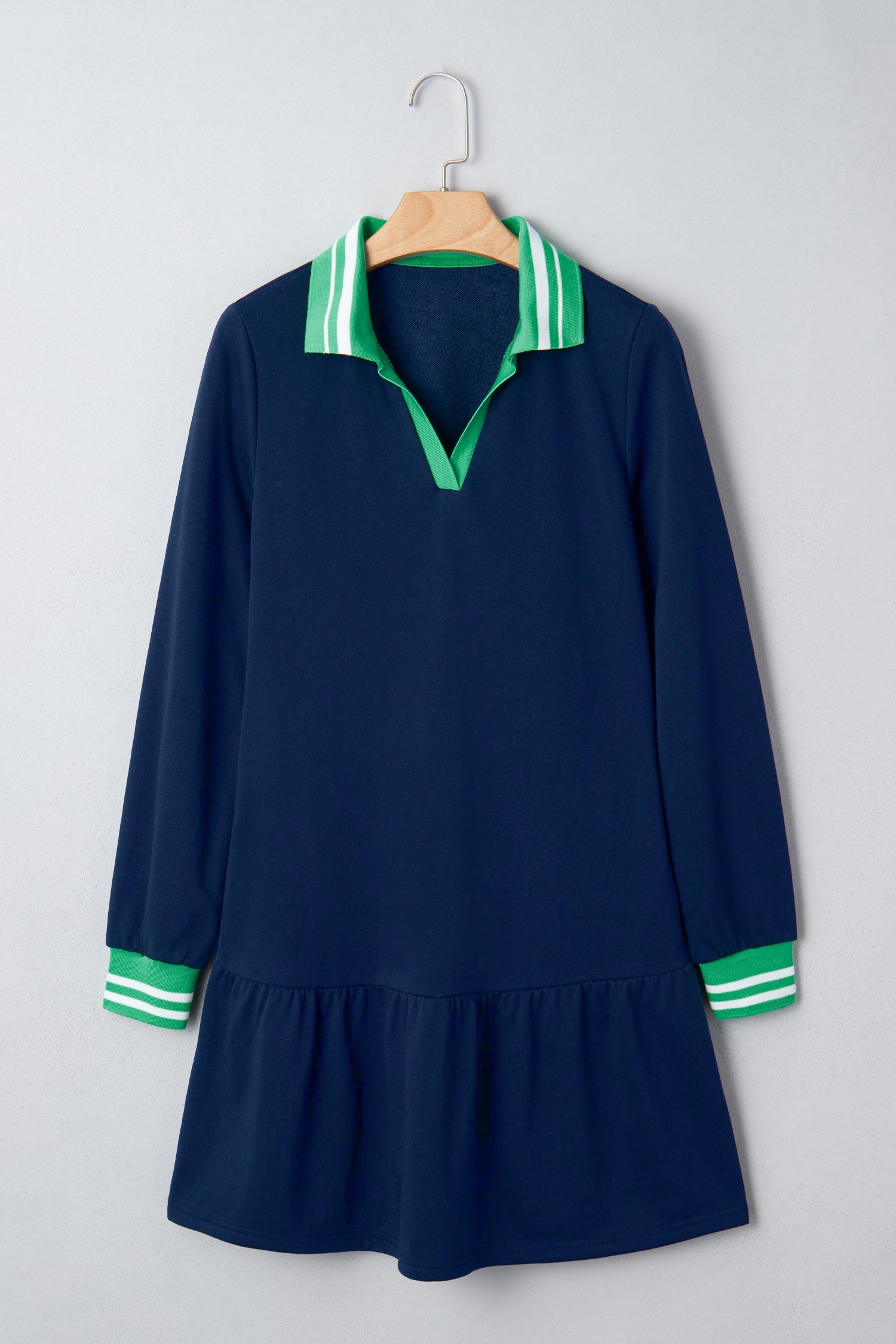 Contrast Striped Cuffs Polo Collar Patchwork Long Sleeve Ruffle Hem Mini Dress - eAura