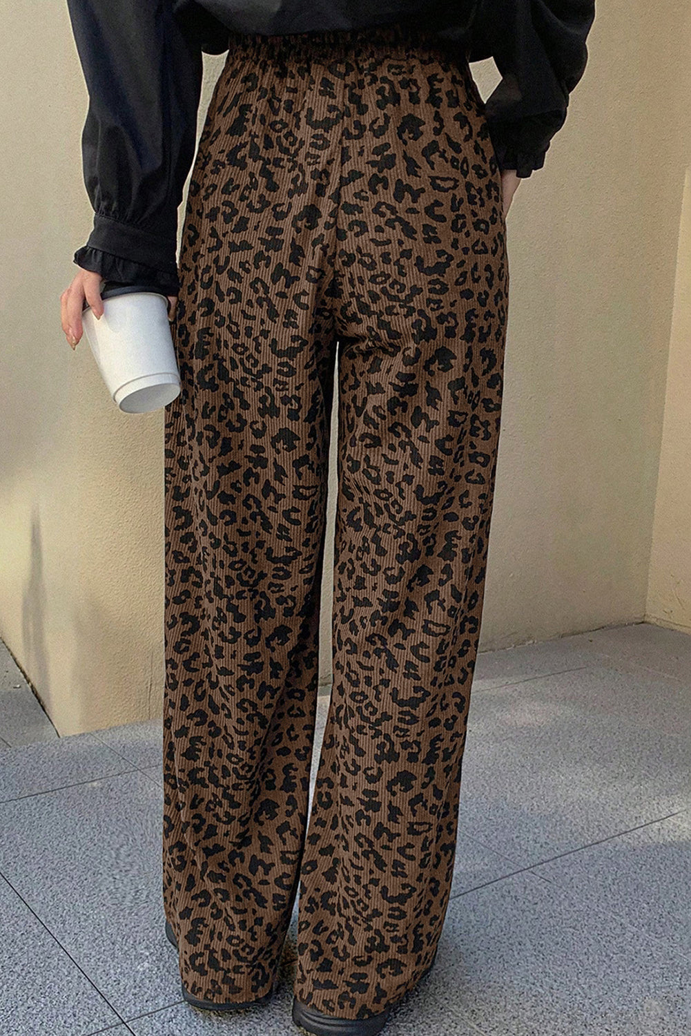 Dark Brown Leopard Print Elastic High Waist Loose Corduroy Pants - eAura