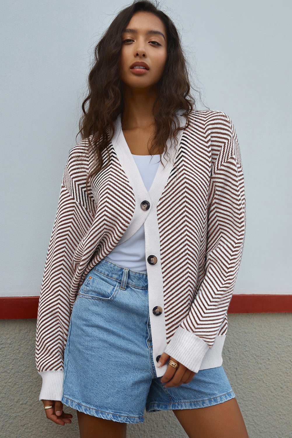 Brown Stripe Buttoned Front V Neck Herringbone Cardigan Dear-Lover Dropshipping