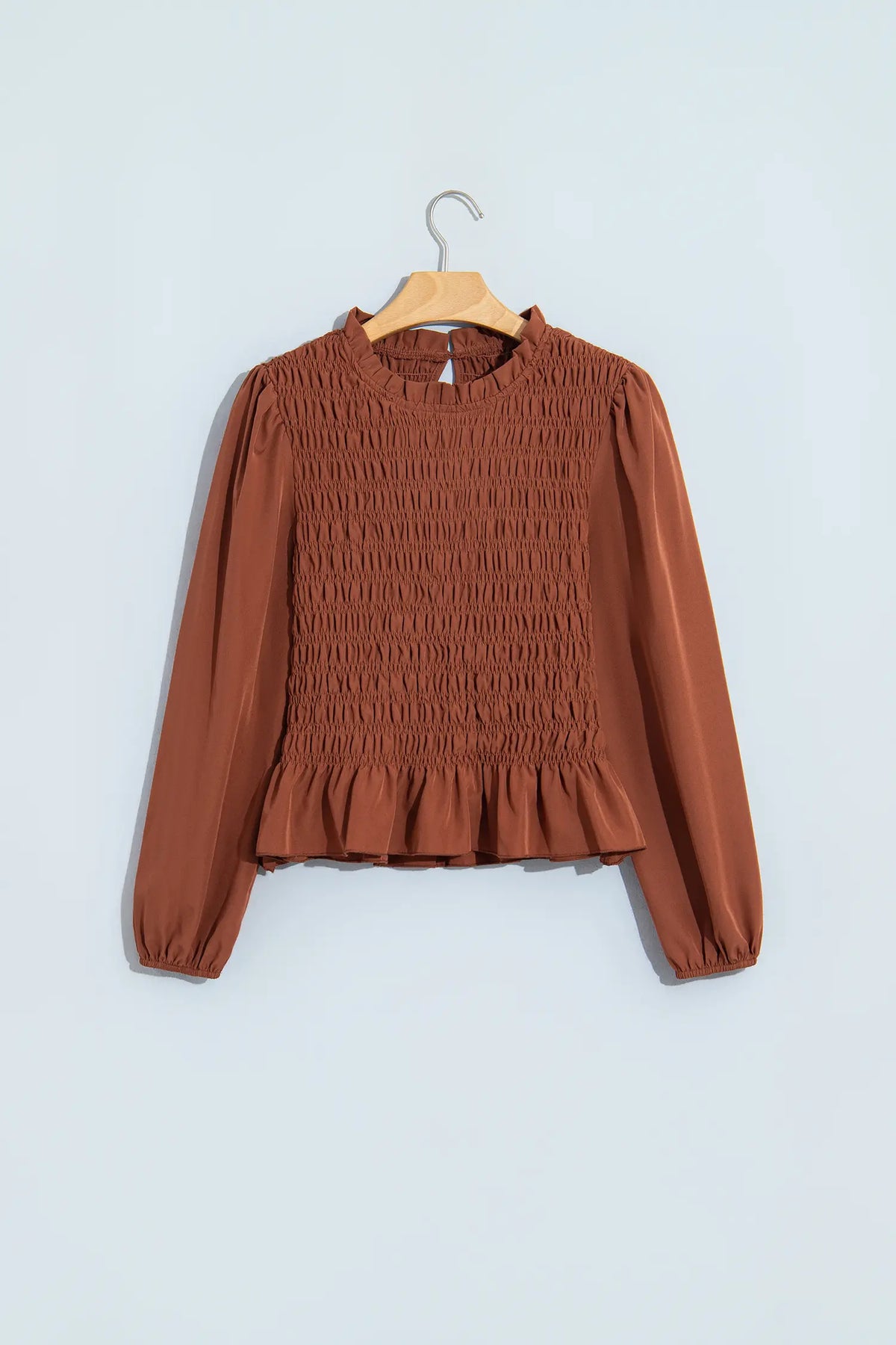 Solid Colour Smocked Ruffle Hem Long Sleeve Blouse – Bright Green