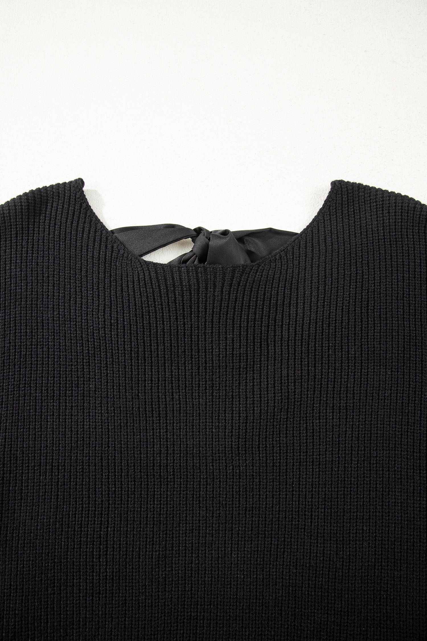 Rib Knit Ribbon Knot Backless Drop Shoulder Sweater