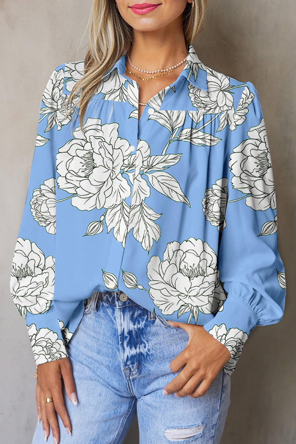 Floral Print Button Up Pleated Detail Puff Sleeve Shirt - eAura
