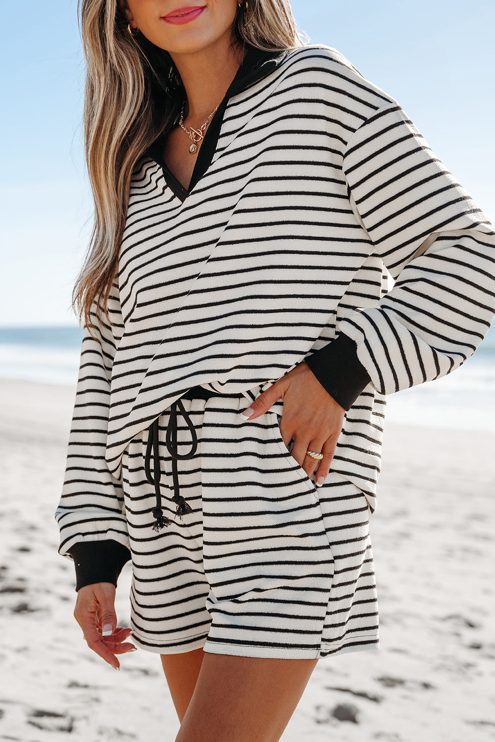 Black Stripe Collared Long Sleeve Top and Drawstring Shorts Set eAura