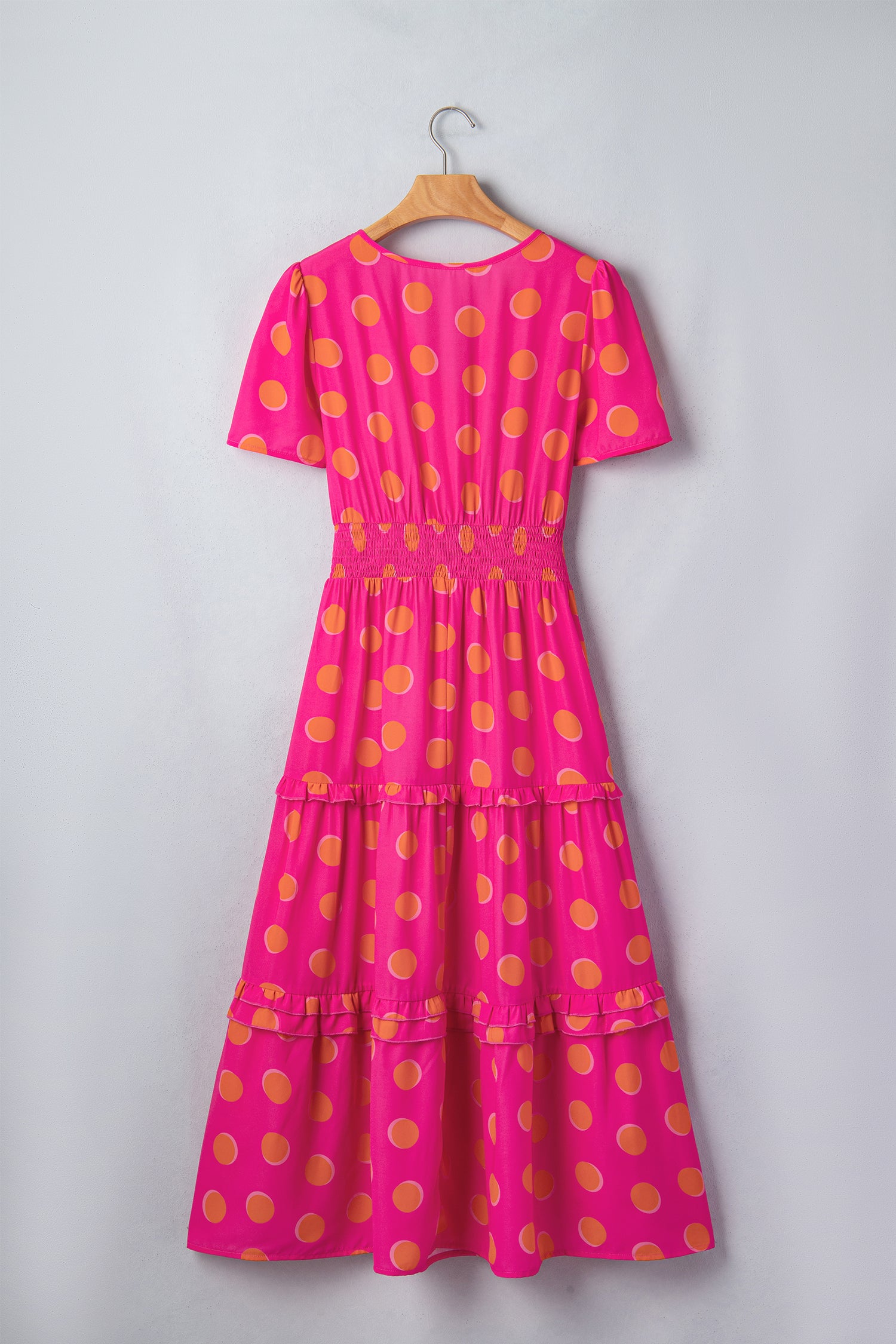 Rose Polka Dot Short Sleeve Shirred High Waist Midi Dress