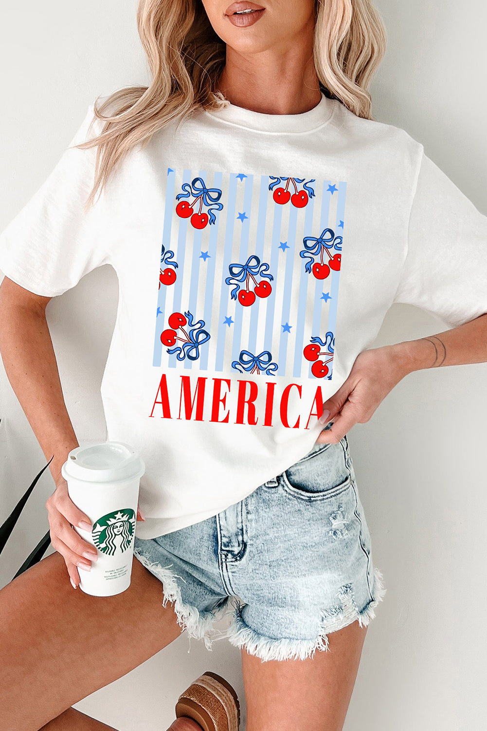 White Bow Cherry AMERICA Graphic Crewneck T Shirt eAura