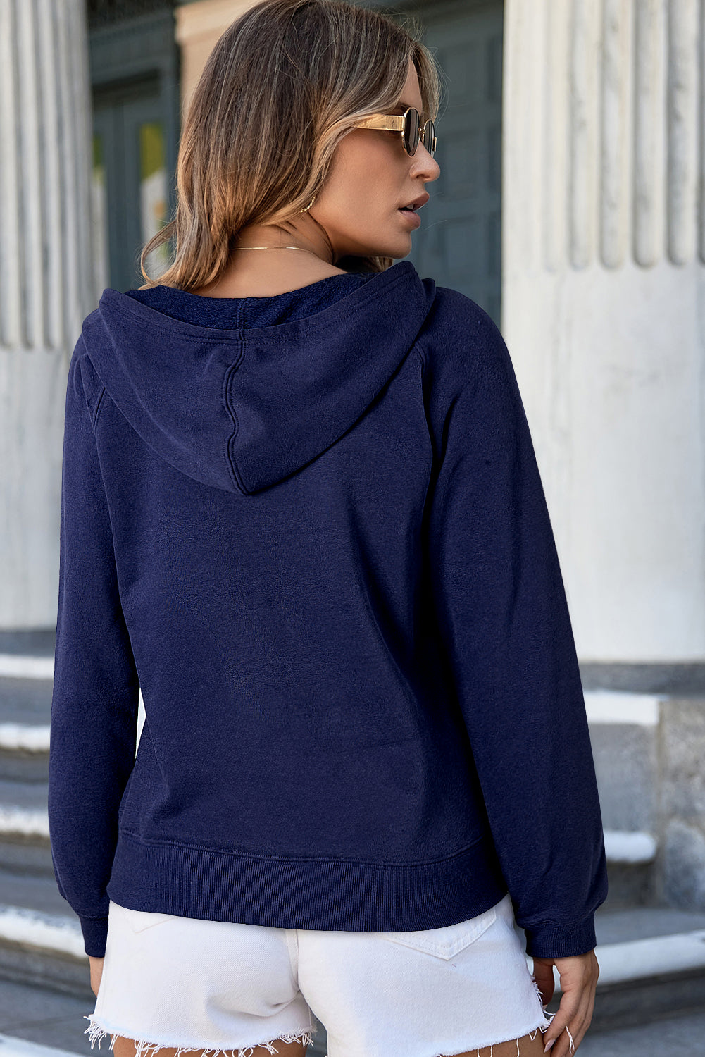 Navy Blue Solid Colour Fleece Lined Zip up Hoodie eAura
