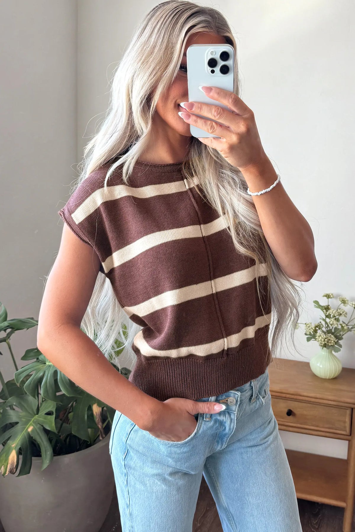 Knit Western Short Sleeve Sweater – Brown Stripe