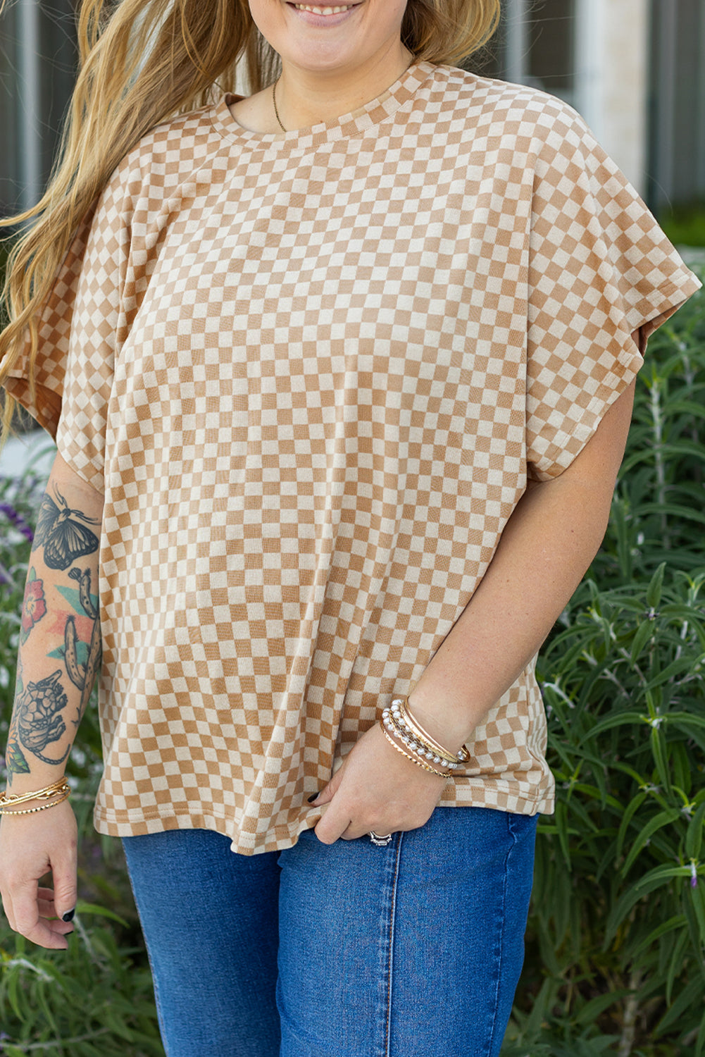 Khaki Checkerboard Short Batwing Sleeve Round Neck Plus Size T Shirt BB Fashion Outlet
