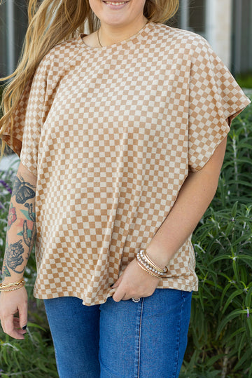 Khaki Checkerboard Short Batwing Sleeve Round Neck Plus Size T Shirt BB Fashion Outlet