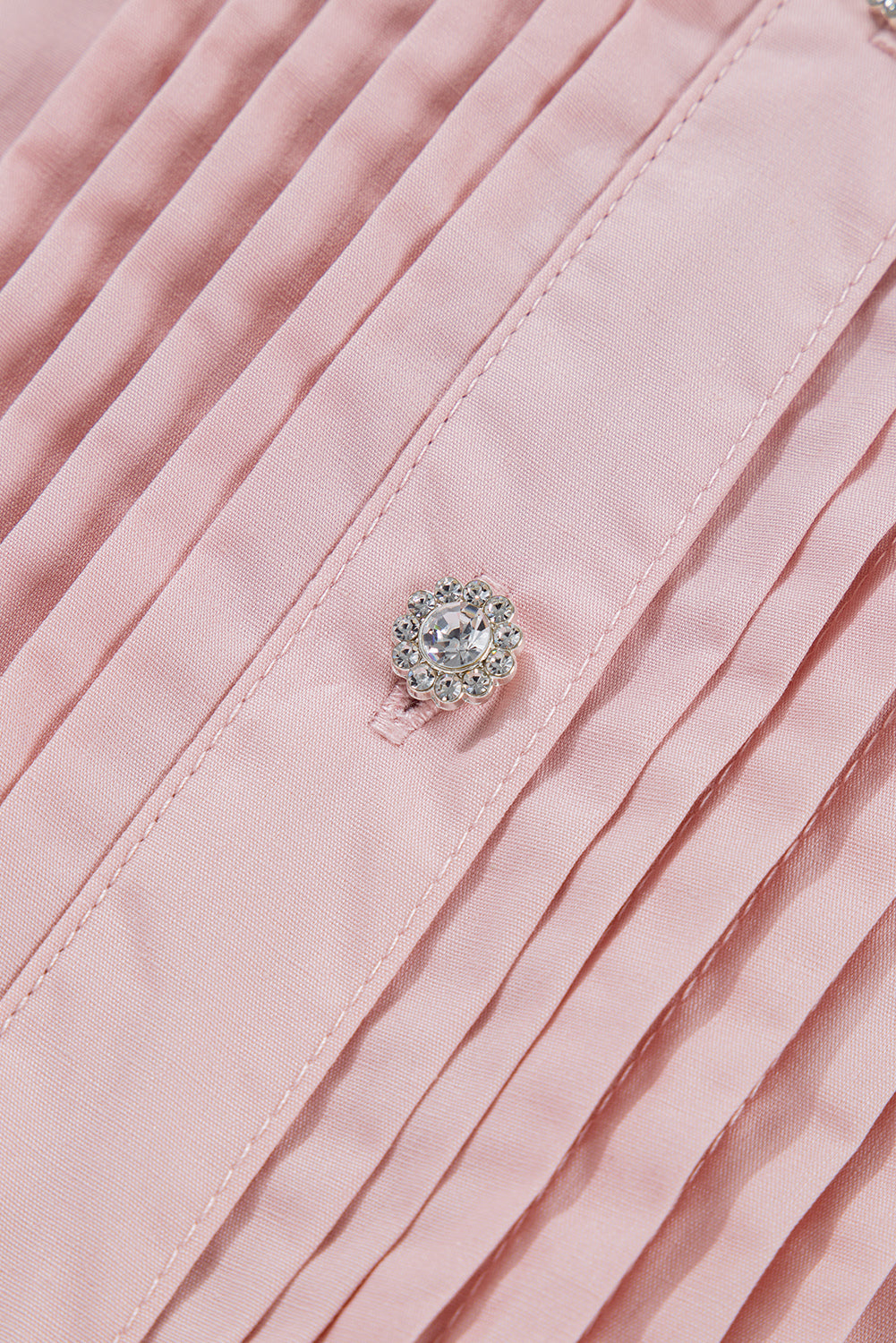 Light Pink Pleated Button-Up Loose Fit Casual Shirt Beagle Boutique Fashion Outlet