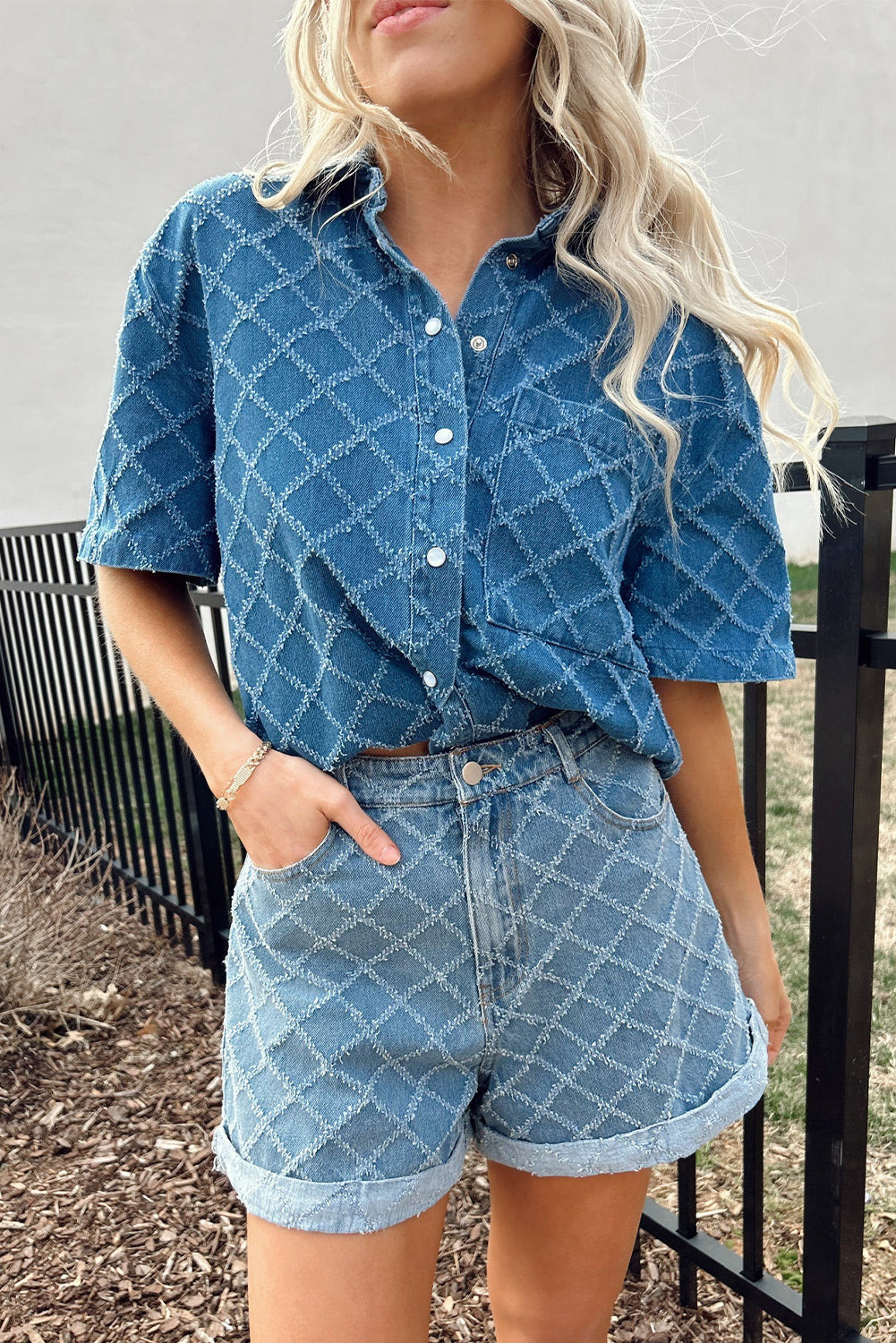 Dusk Blue Checkered Textured Short Sleeve Patched Pocket Denim Shirt eAura