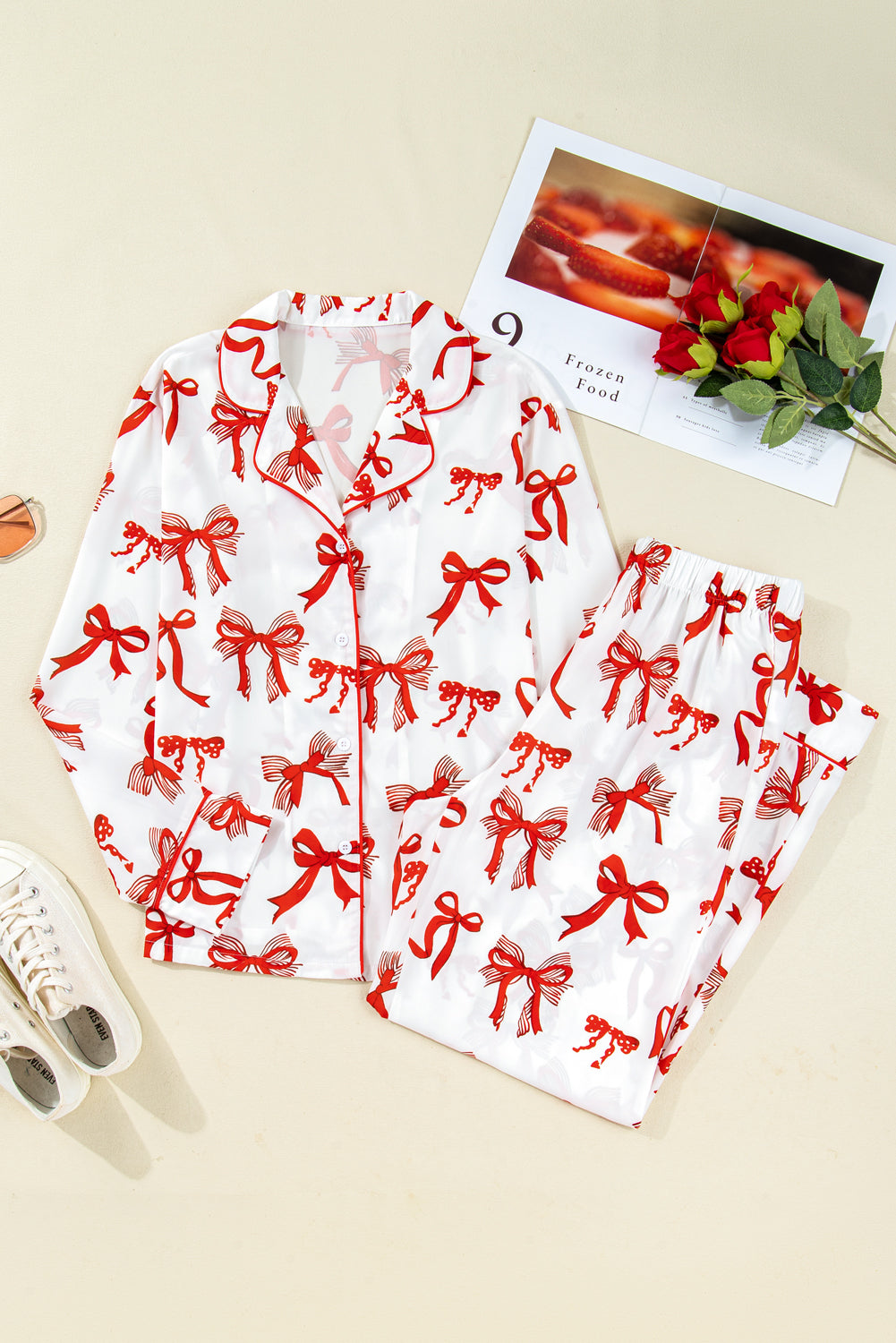 Red Christmas Bow Print Pyjama Set - eAura