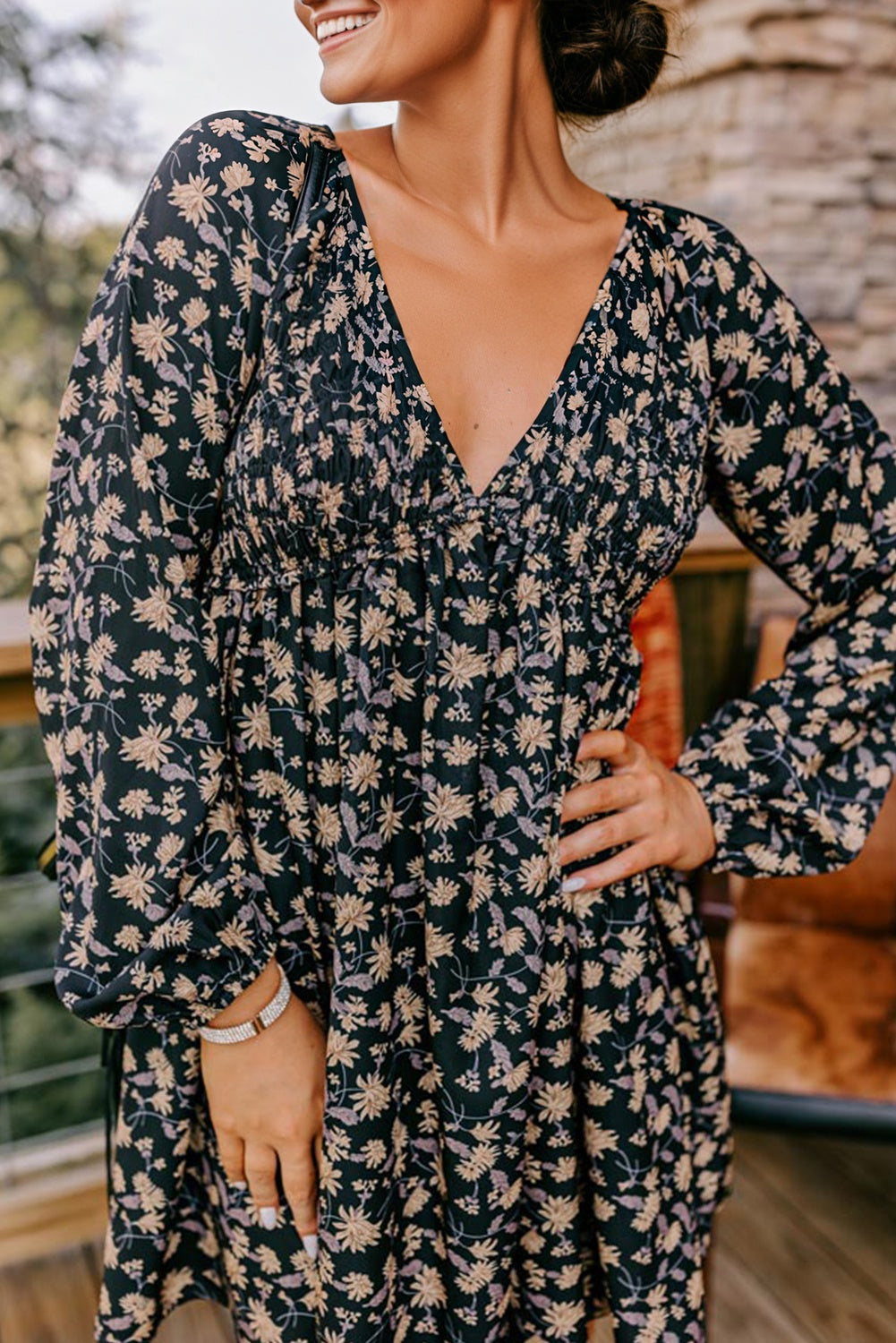 Beige Floral Deep V Neck Smocked Bust Bubble Sleeve Babydoll Dress eAura