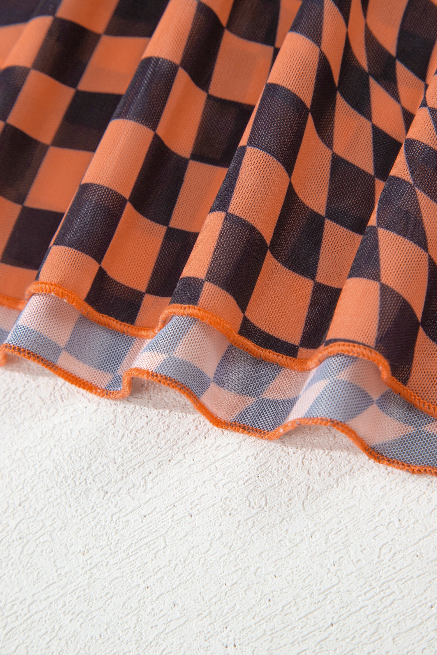 Checkered Print Crew Neck Mesh T-Shirt – Orange, Khaki, Black & Purple