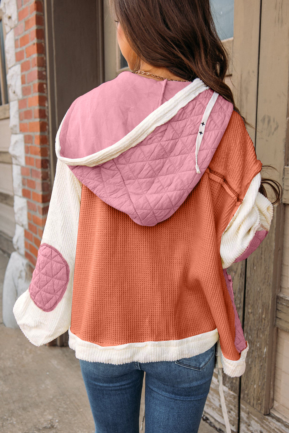 Coral Quilted Textured Patchwork Loose Fit Hooded Jacket Beagle Boutique Fashion Outlet