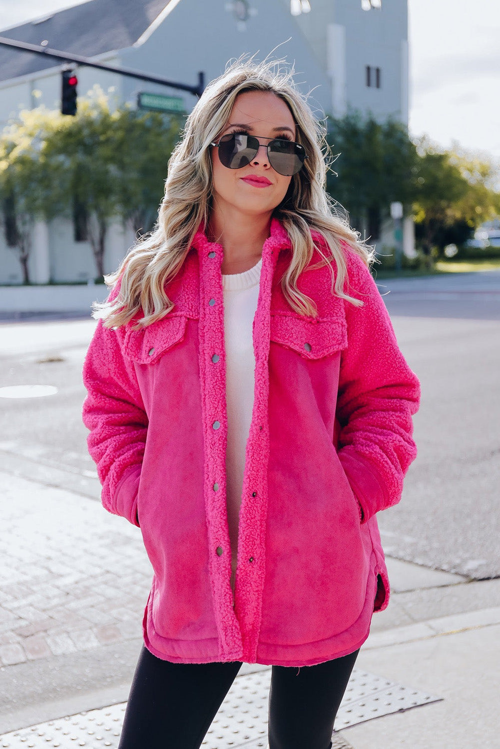 Bright Pink Faux Suede Sherpa Patchwork Button-up Shacket Beagle Boutique Fashion Outlet