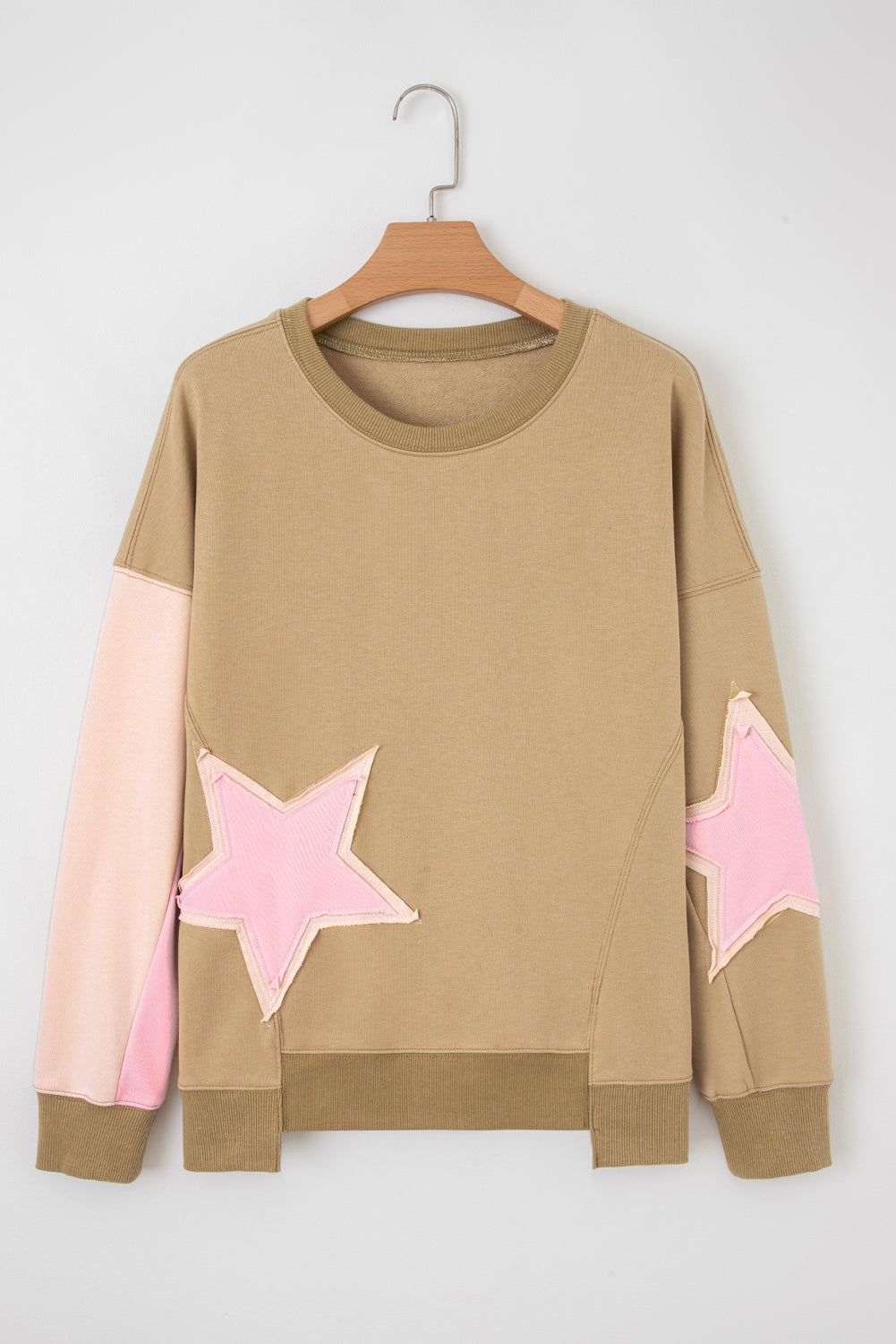 Contrast Star Patchwork Exposed Seam Uneven Hem Drop Shoulder Sweatshirt - eAura