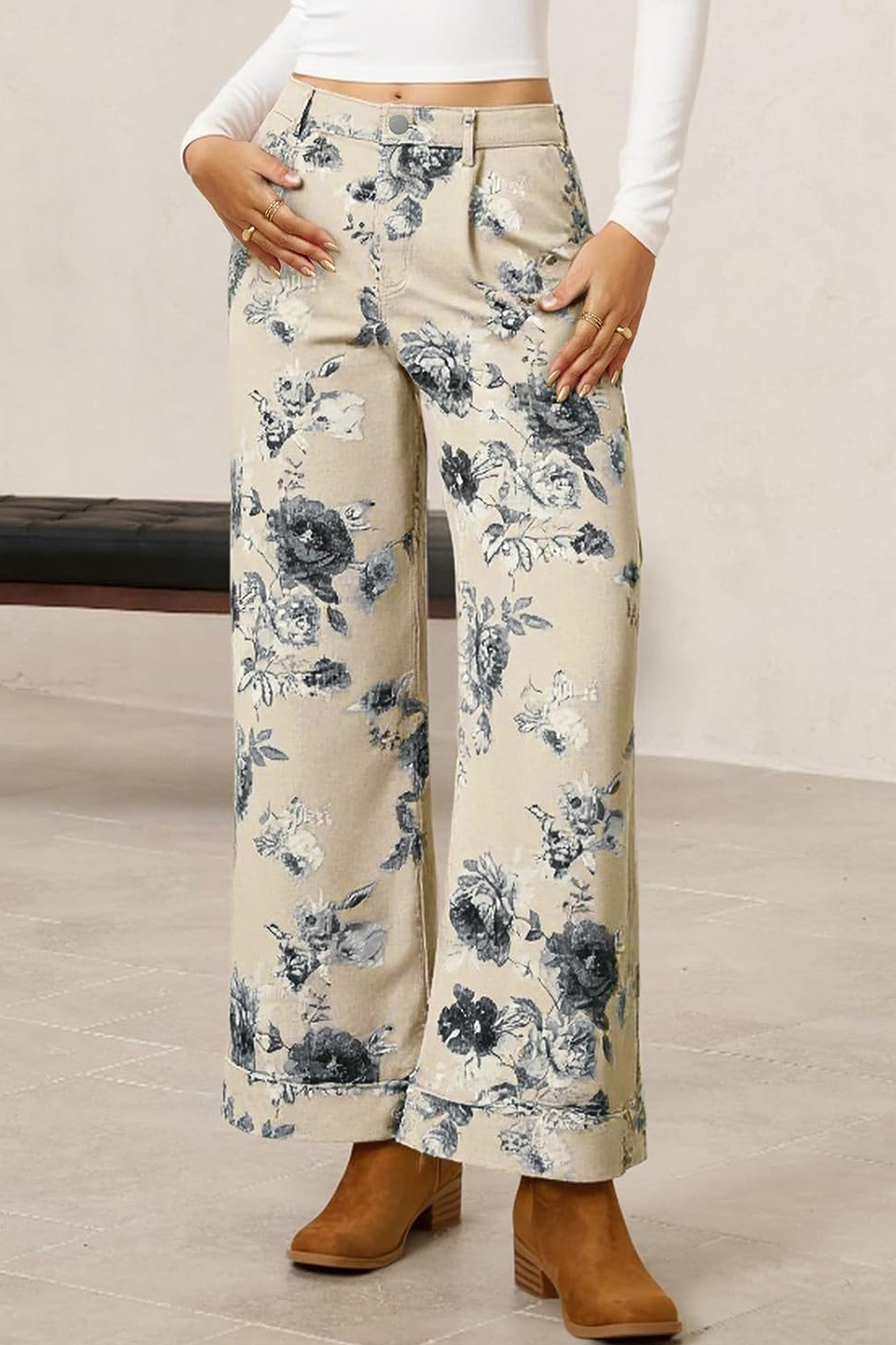 Beige Retro Floral Print Cuffed Hem Wide Leg Jeans