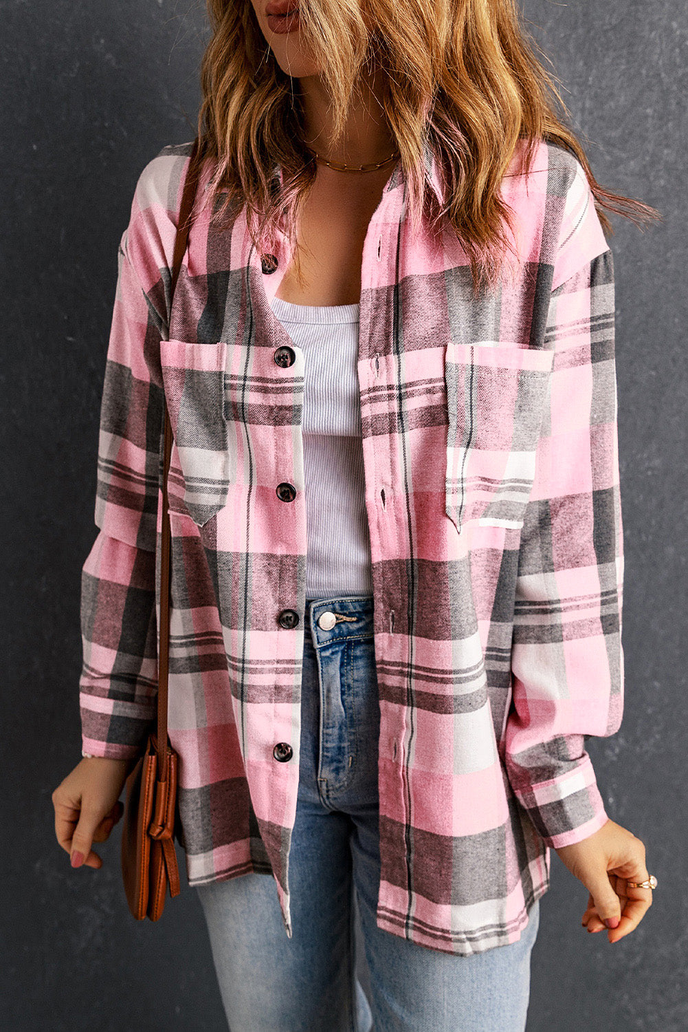 Pink Plaid Button Up Patch Pocket Shirt eAura