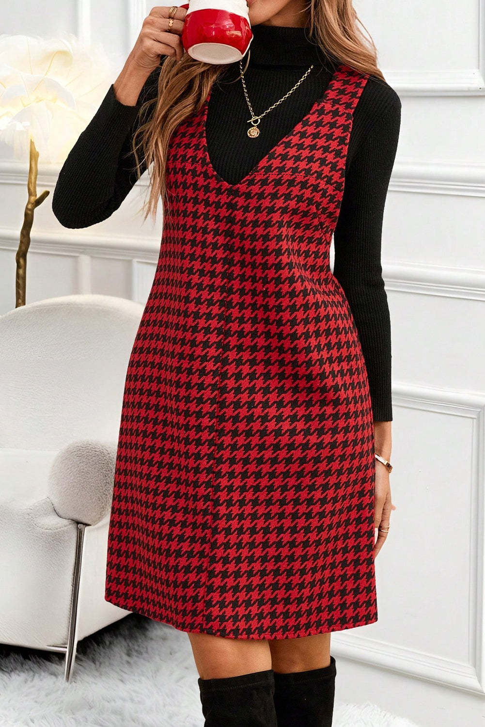 Houndstooth Print V-Neck Sleeveless Mini Dress - eAura
