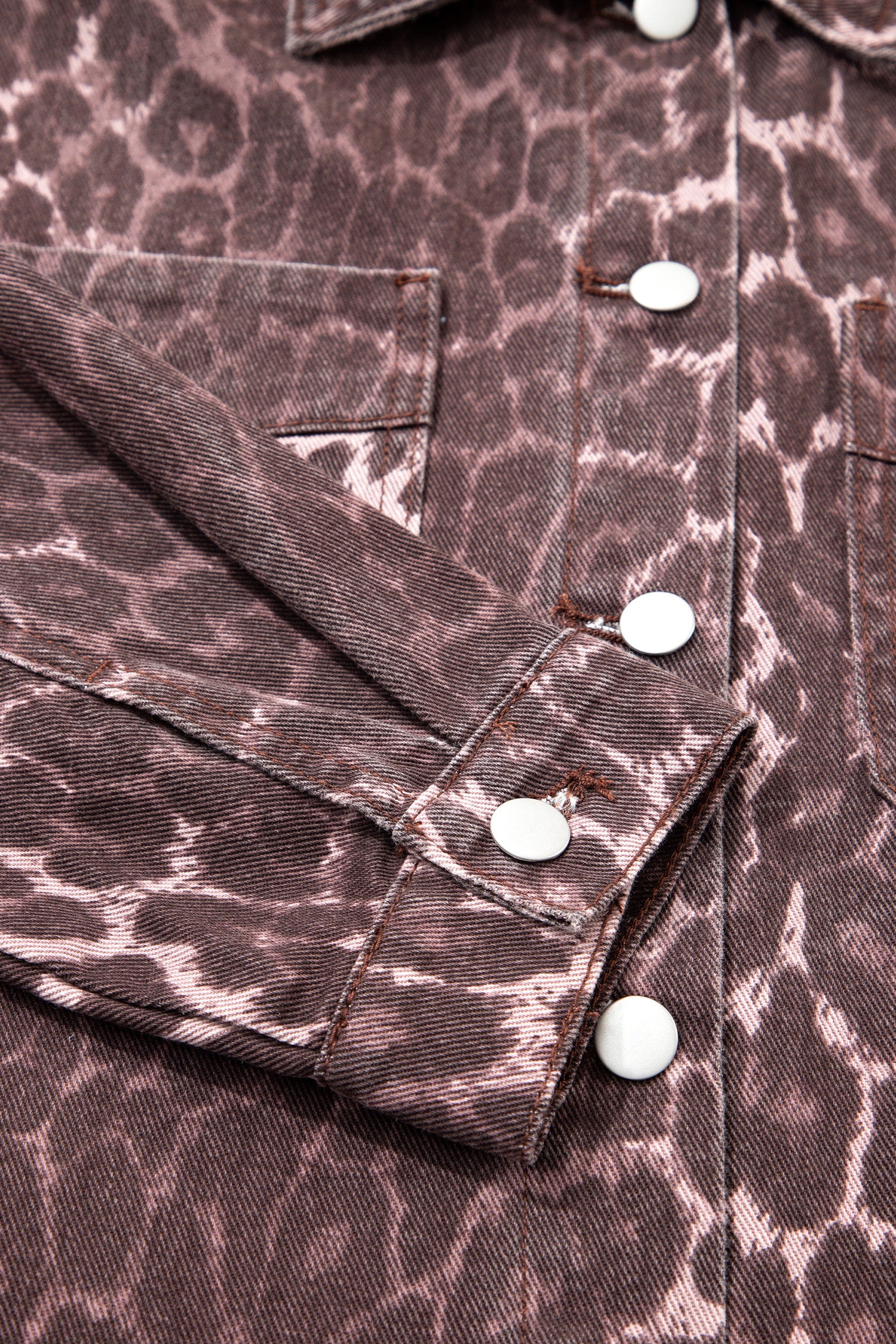 Khaki Oversized Leopard Print Long Sleeve Patch Pocket Denim Jacket