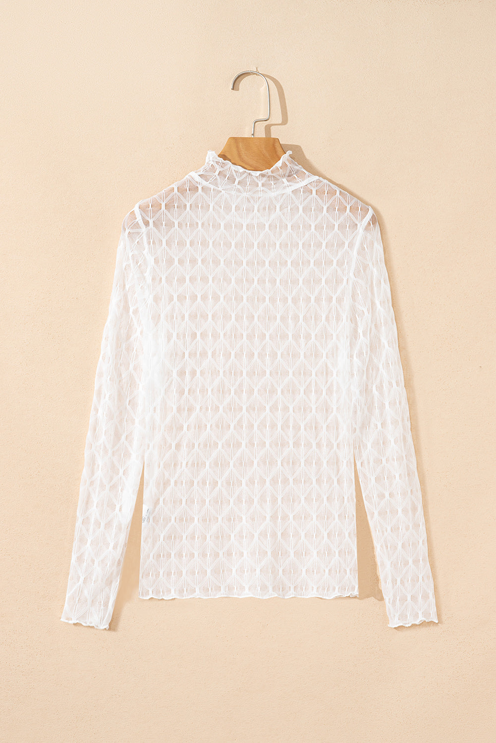 Sheer Mesh Patterned Lettuce Trim Slim Long Sleeve Top eAura