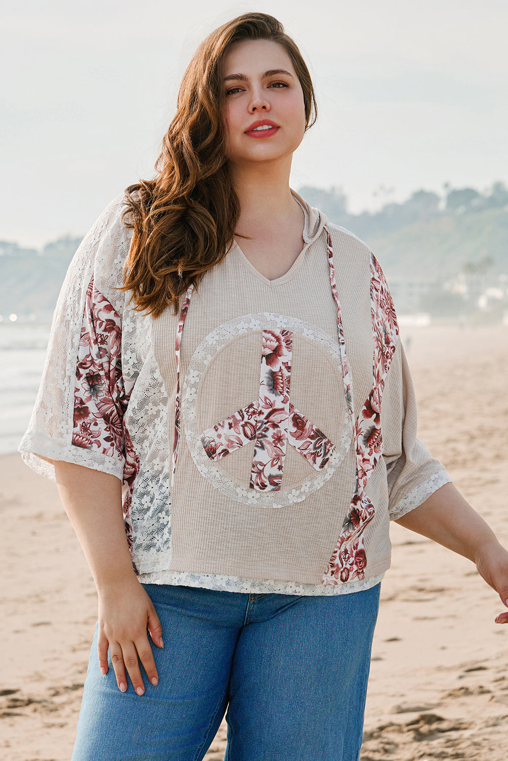 Khaki V Neck Floral Peace Sign Graphic Lace Patch Ribbed Plus Size Hooded Top BB Fashion Outlet