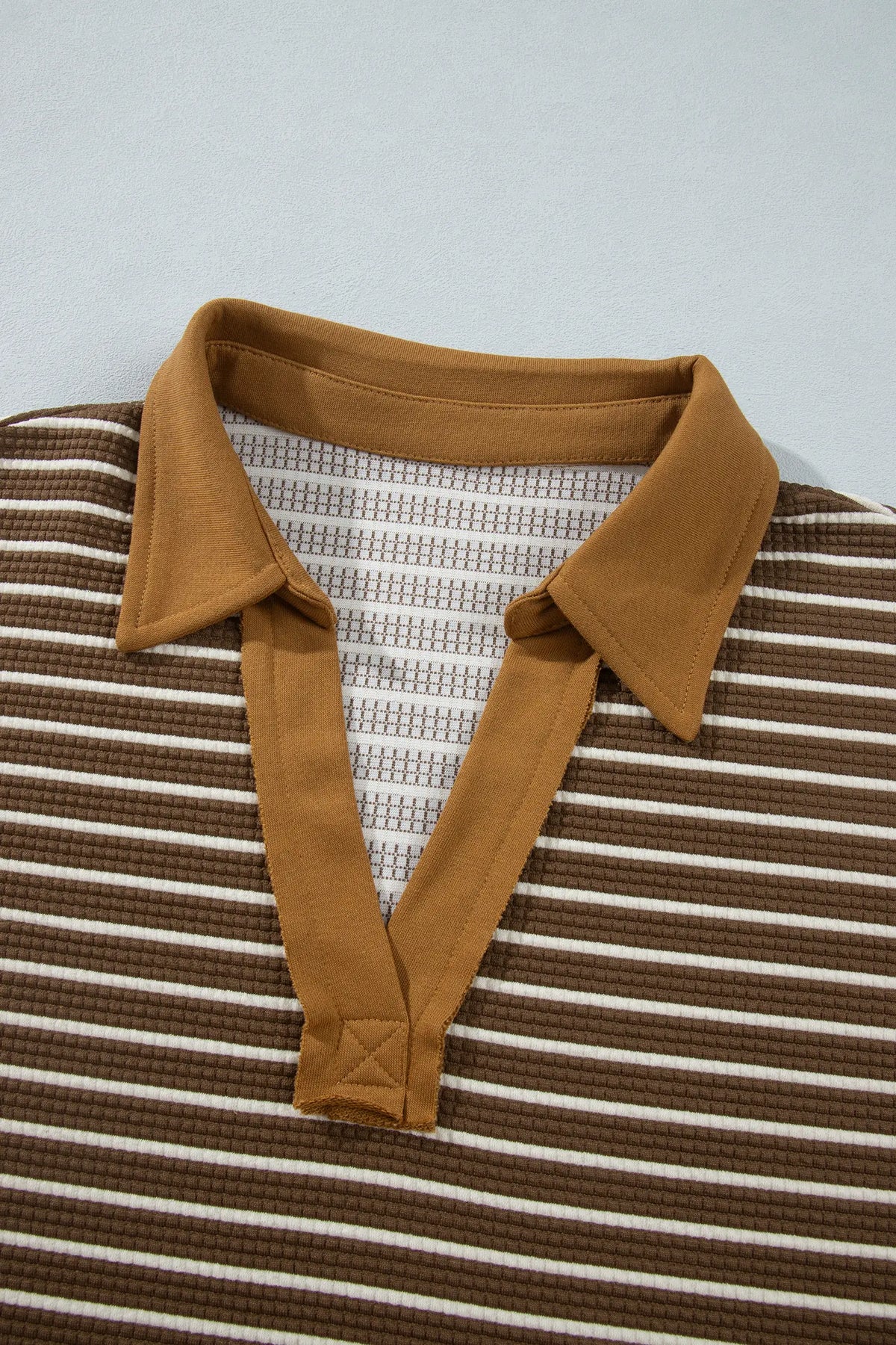 Colourblock Detail Collar V Neck Plus Size Long Sleeve Top – Brown Stripe