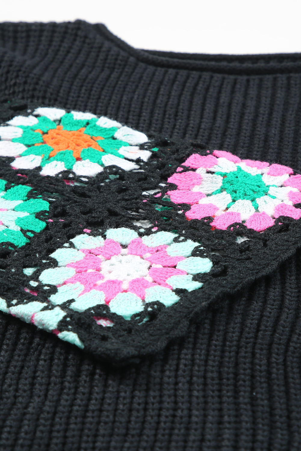 Black Floral Crochet Bell Sleeve Loose Sweater eAura