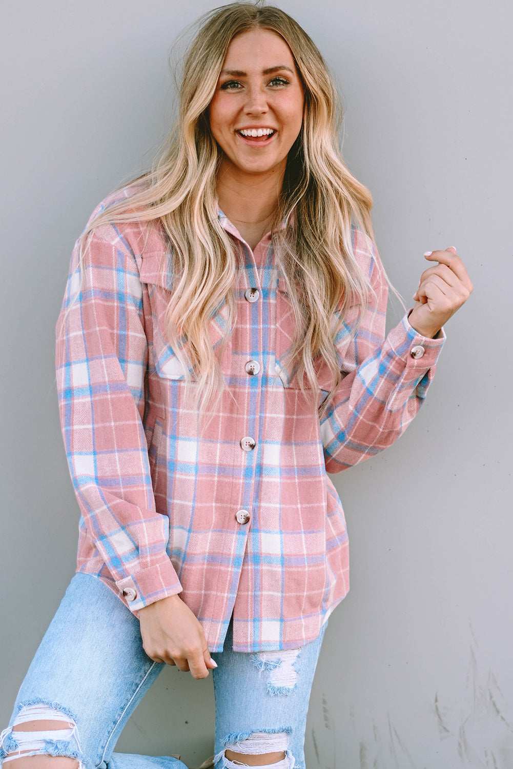 Pink Plaid Flap Pocket Flannel Shacket eAura